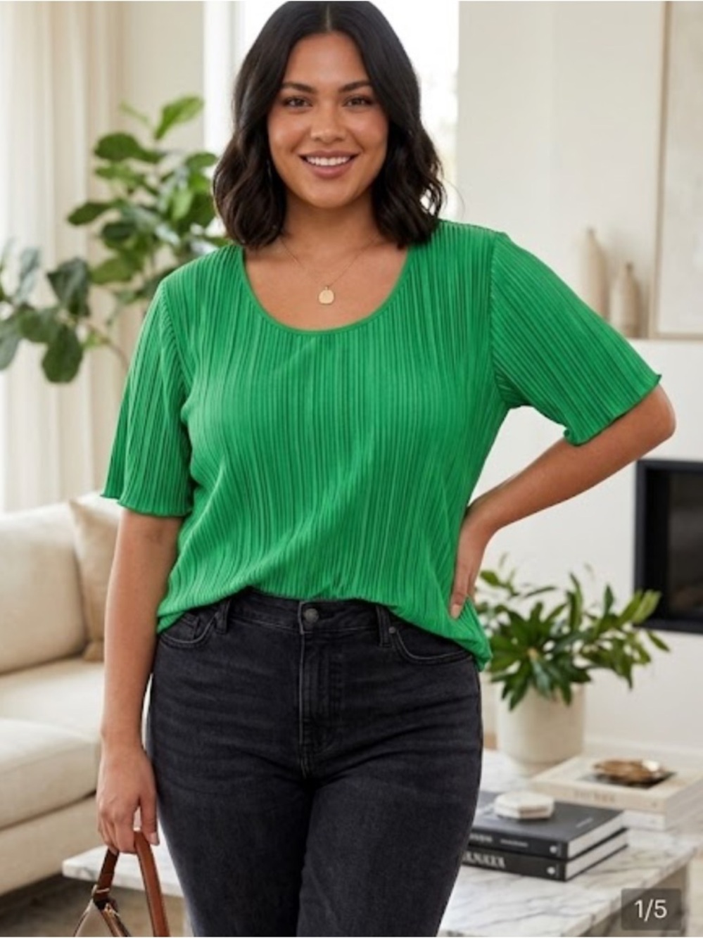Good American Bright Green Pleated Short-Sleeve Top
